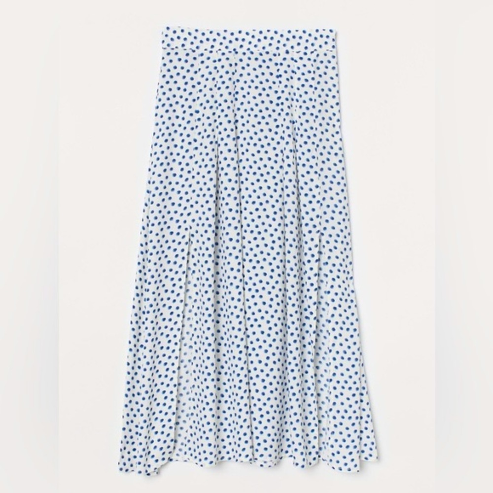 ✨ H&M Circle White & Blue Polka Dotted Midi Skirt w Two Front Slits - Size 8